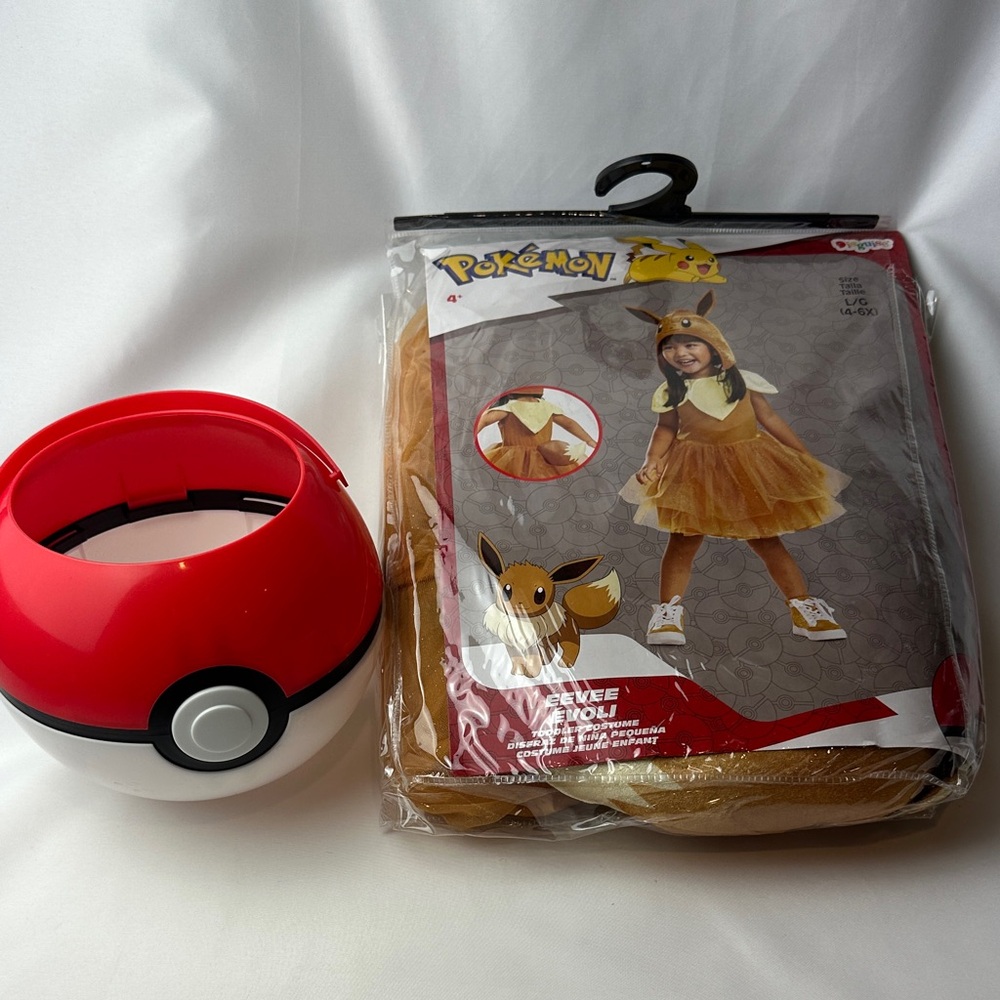 Pokemon Eevee Costume with Red Pokeball Candy Bucket- Kids 4-6X